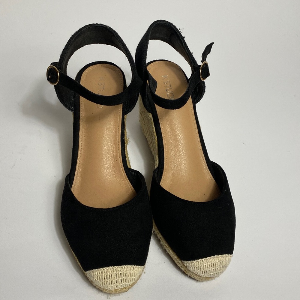Classic Black Faux Suede Espadrille Wedge Ankle Strap Sandals! 8 - Picture 2 of 6